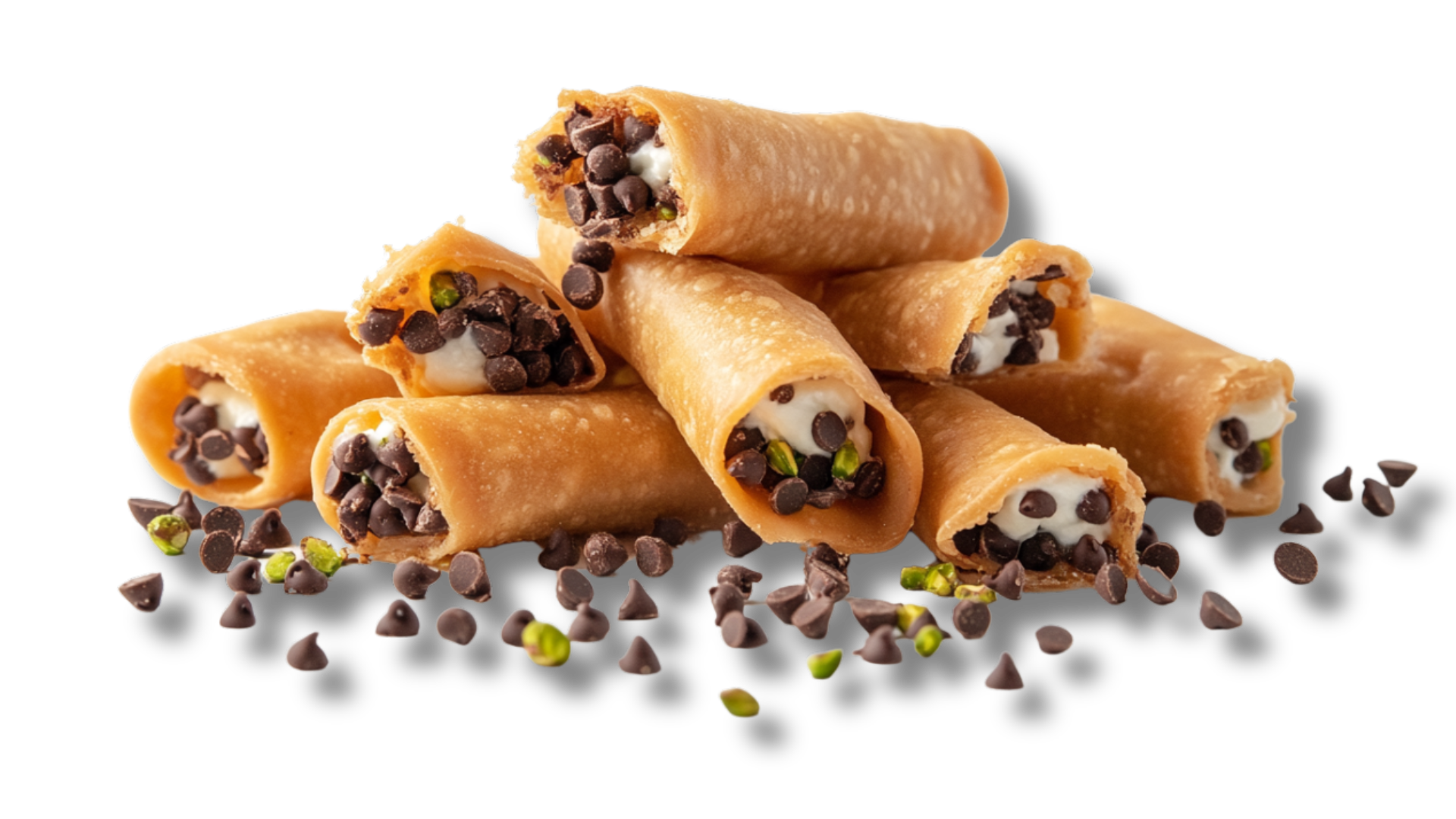 A pile of cannoli with chocolate chips and pistachios on a white background