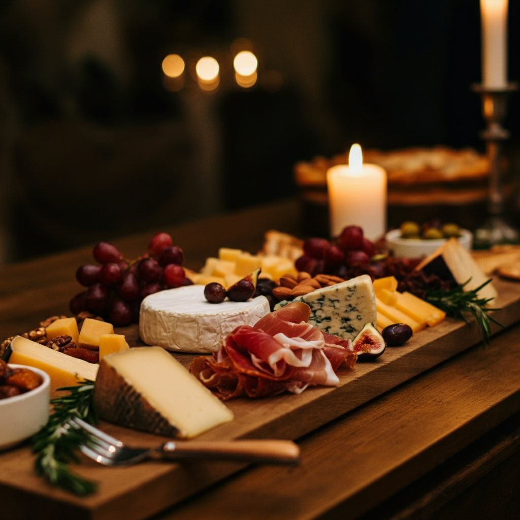 A wooden cutting board filled with cheese , grapes , and meat.