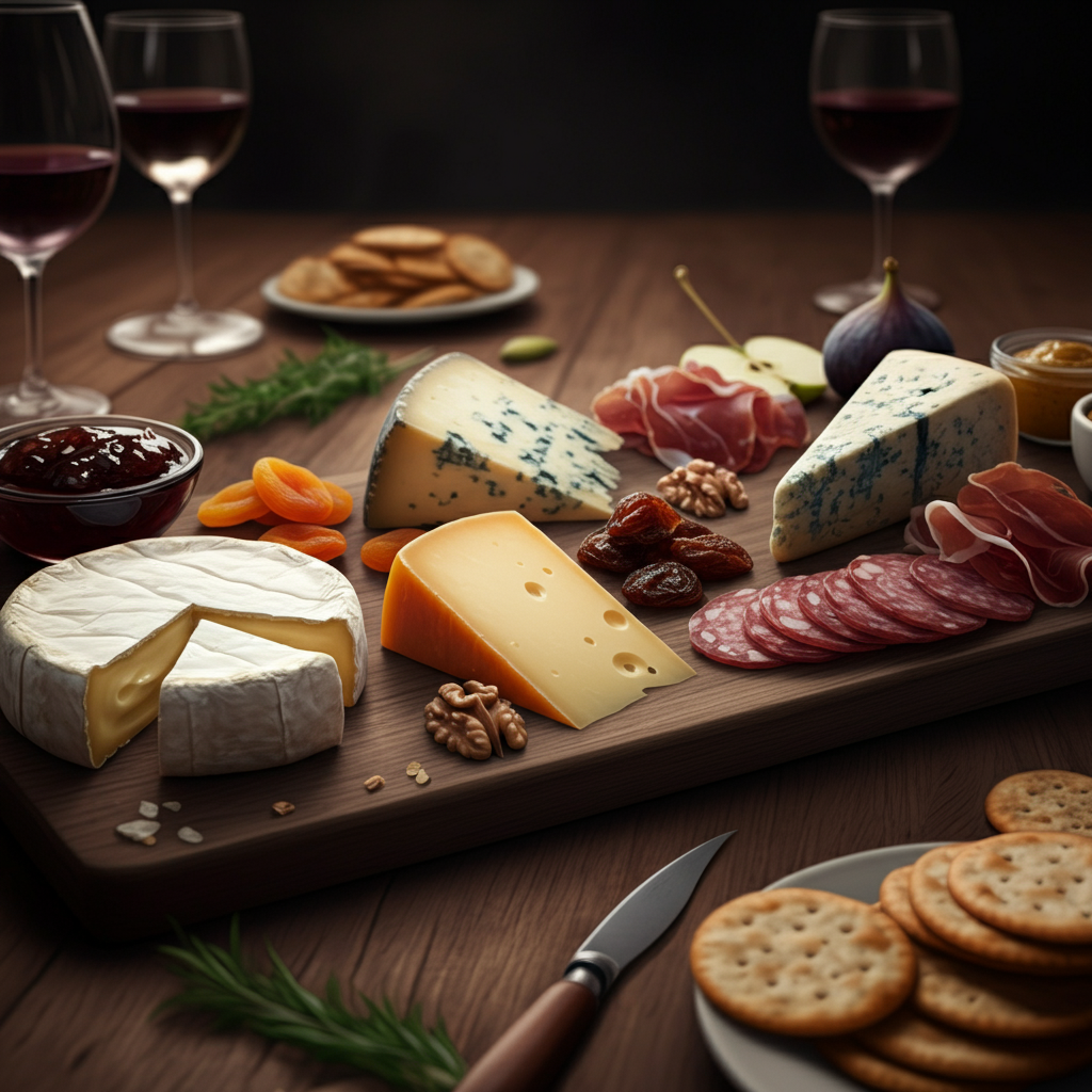 A wooden cutting board with a variety of cheeses and meats on it