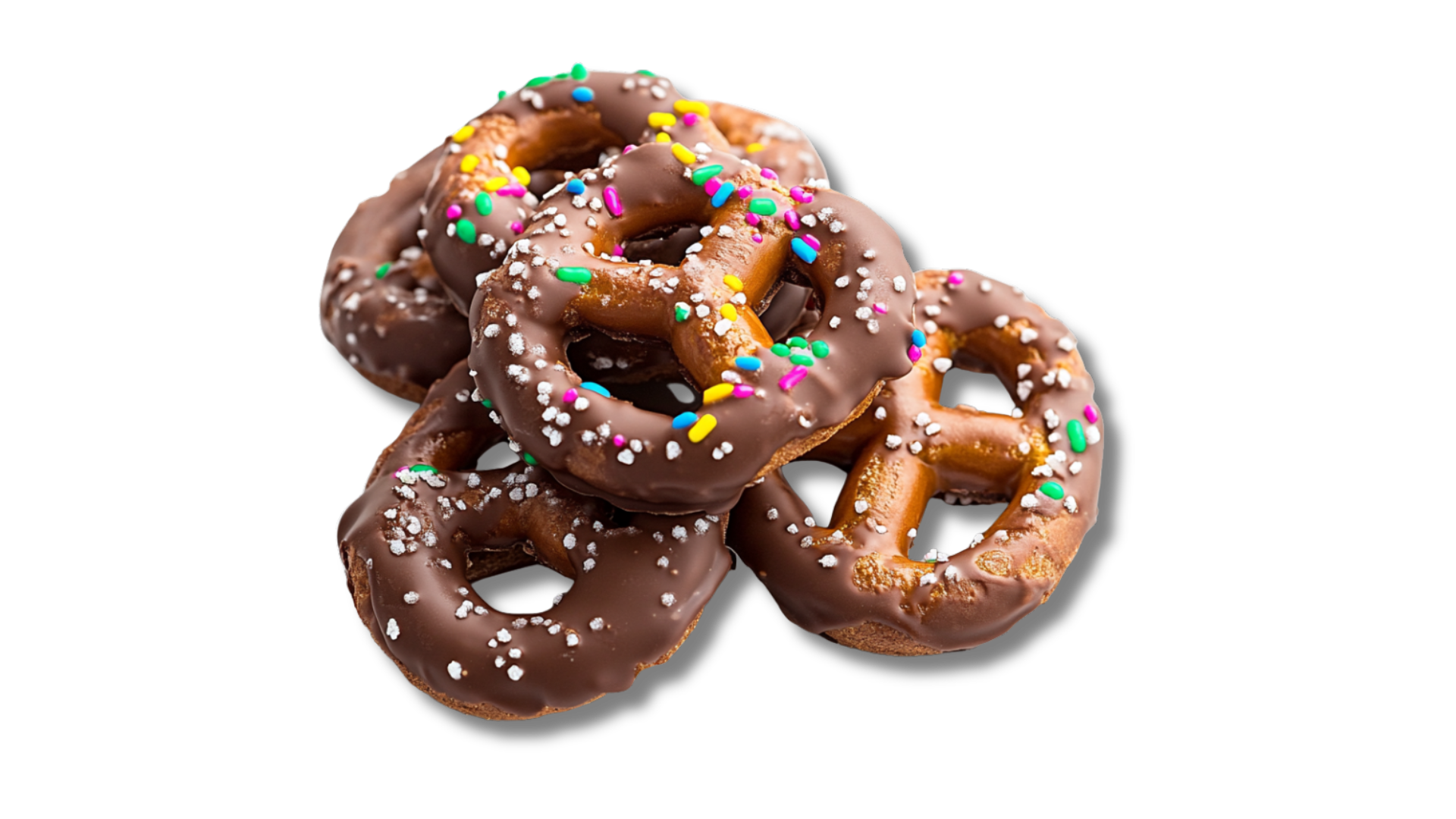A stack of chocolate covered pretzels with sprinkles on a white background.