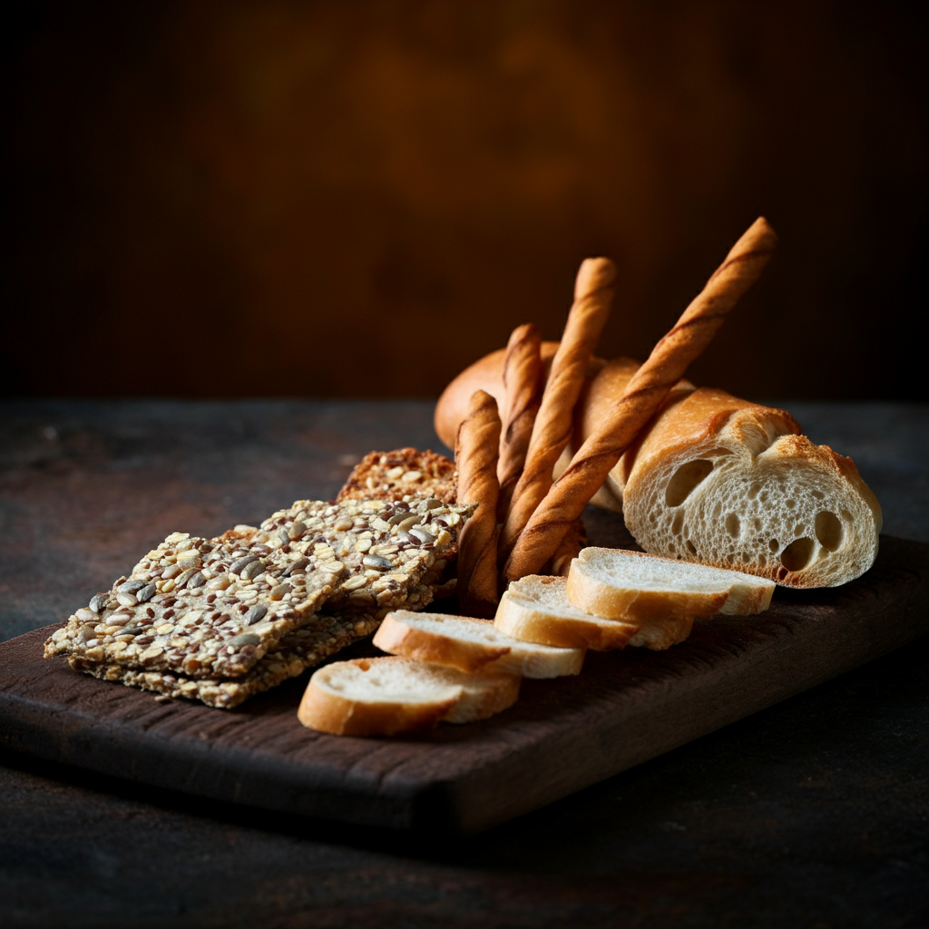 A wooden cutting board topped with sliced bread and crackers.