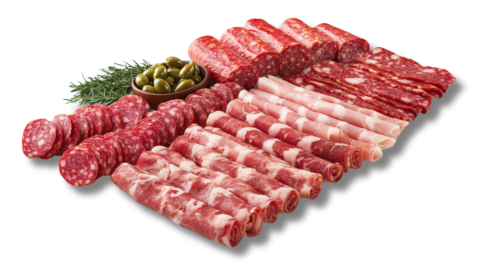 A tray of meat and olives on a white background.