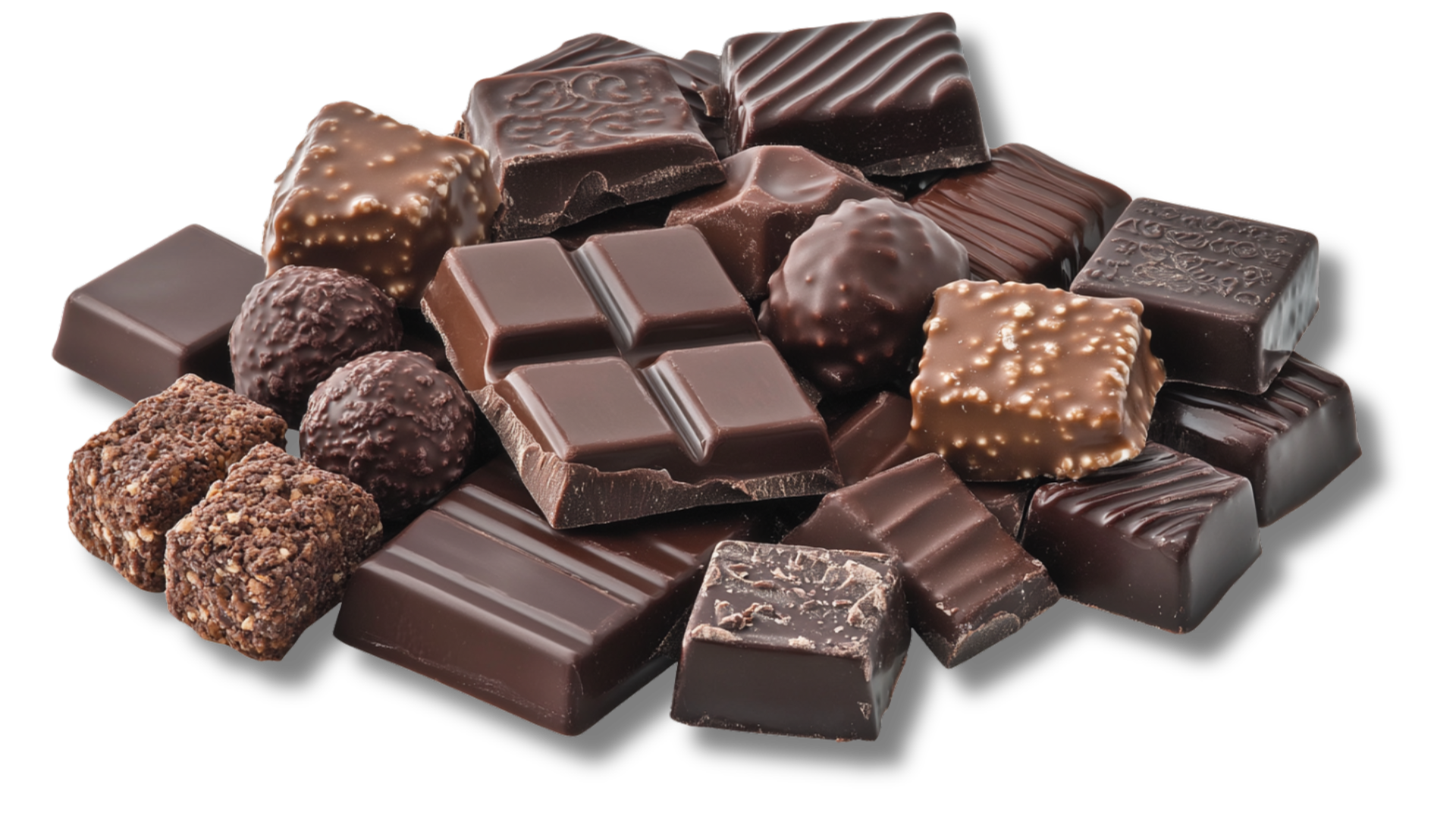 A pile of chocolate bars and truffles on a white background