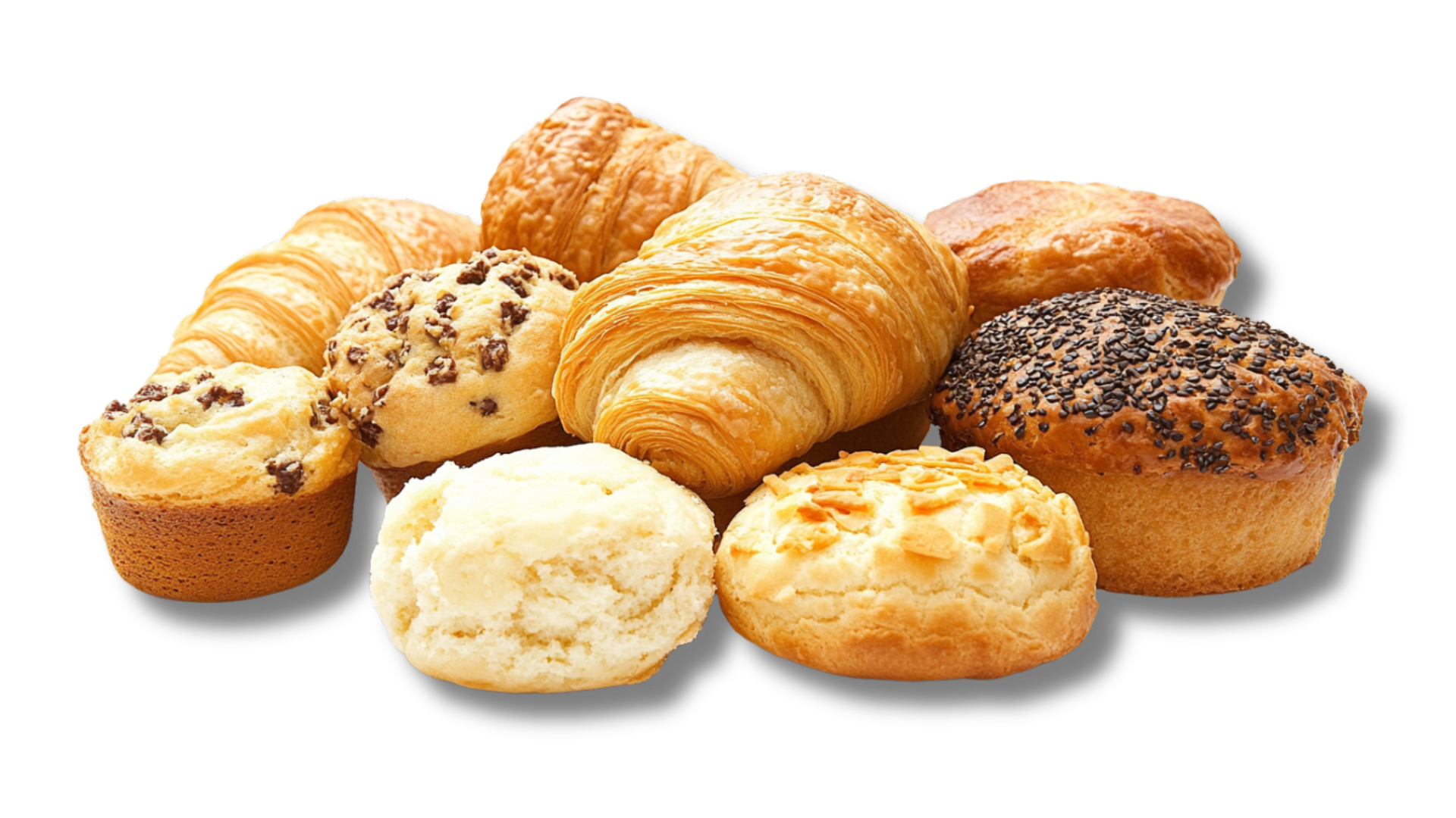 A bunch of different types of pastries on a white background