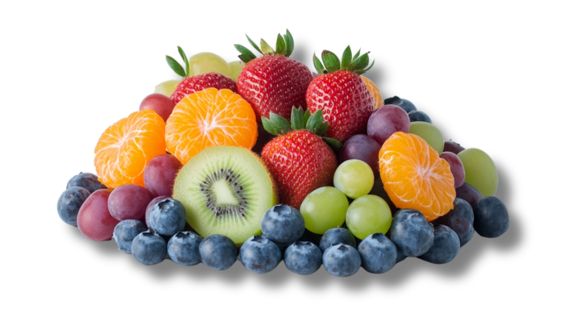 A pile of fruit including strawberries blueberries grapes and oranges