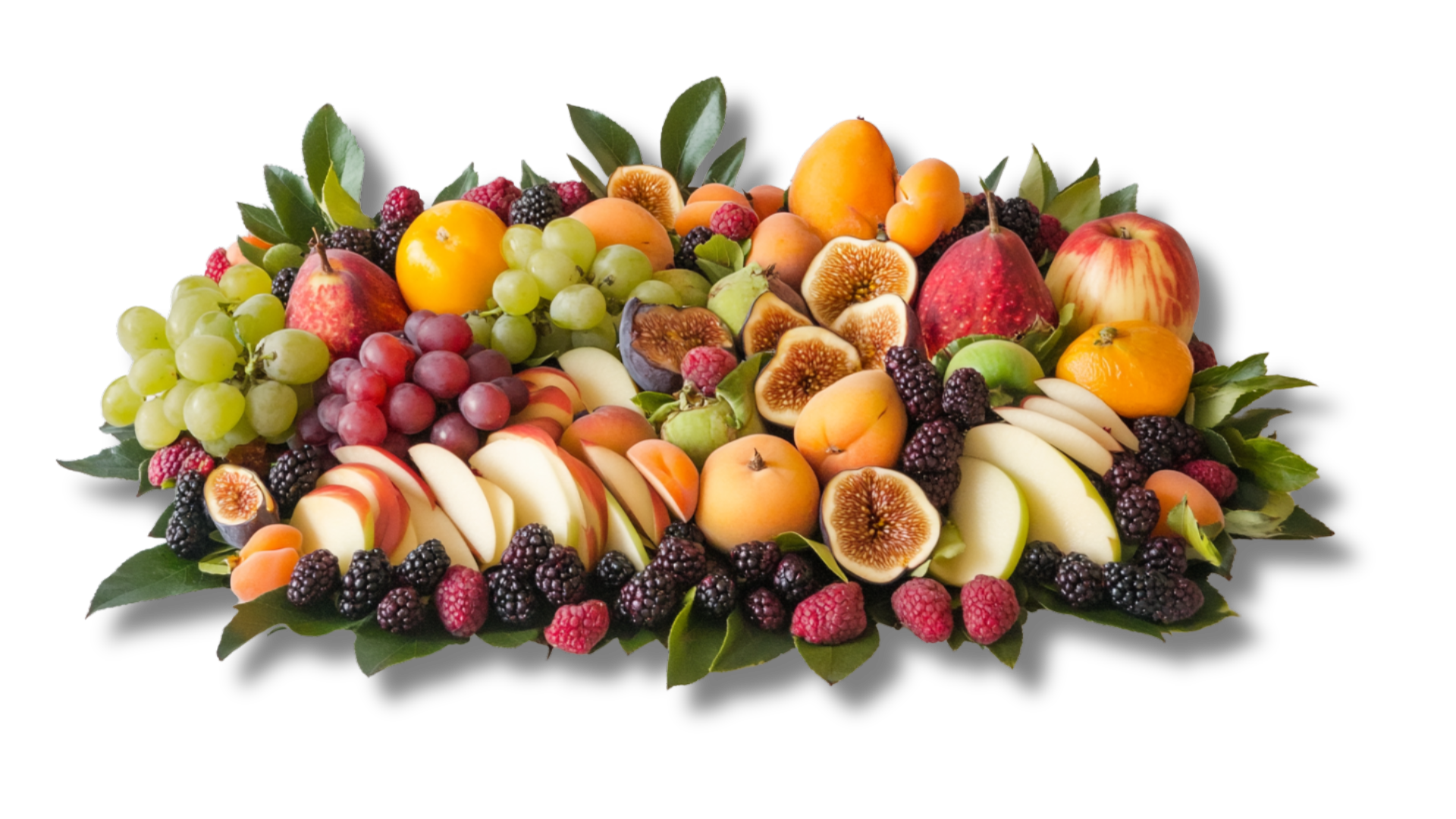 A variety of fruits and berries on a white background
