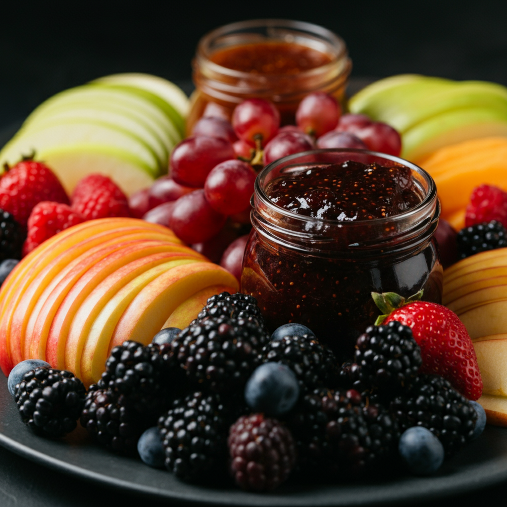 A plate of fruit with a jar of jam in the middle