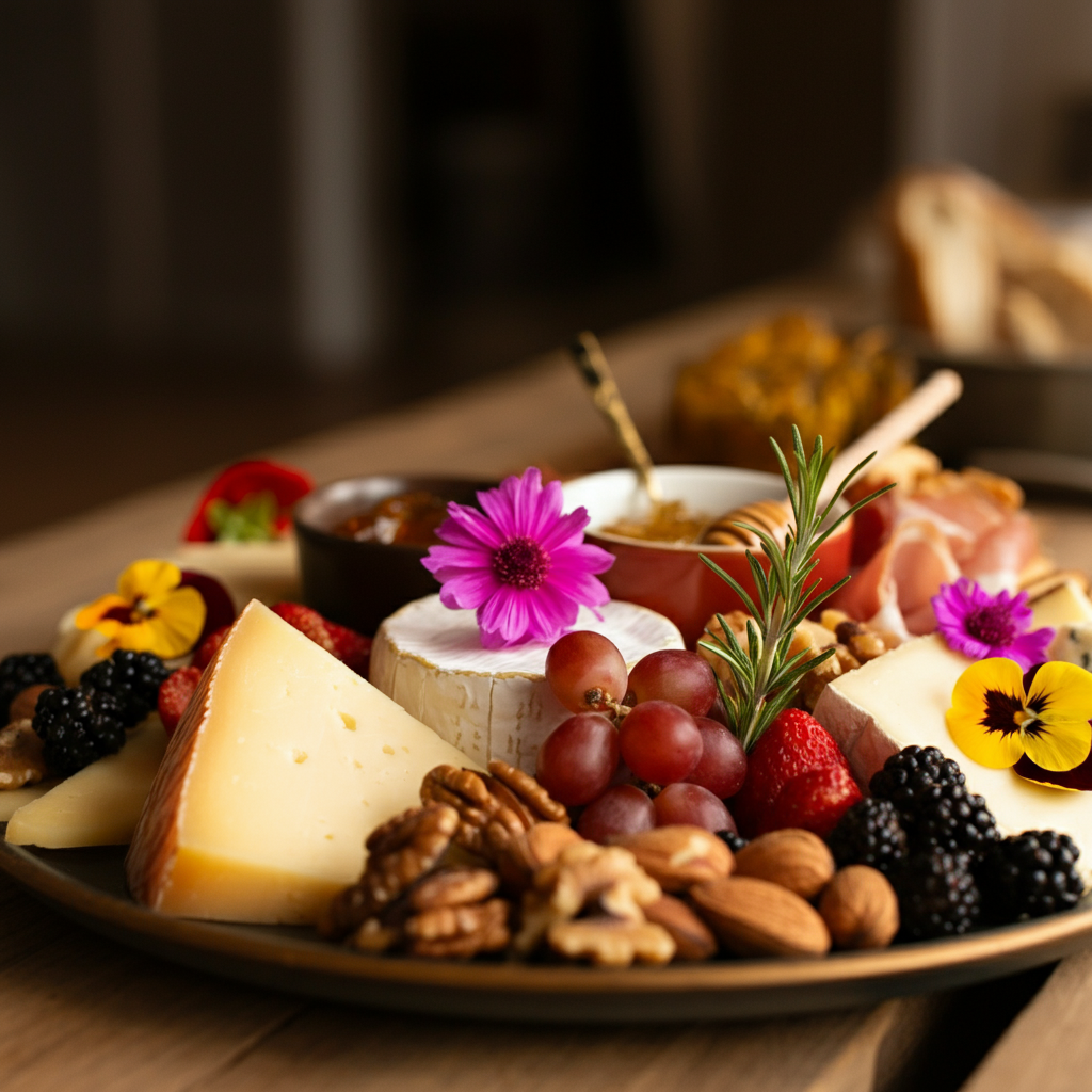 A plate of food with cheese nuts grapes and flowers on a table