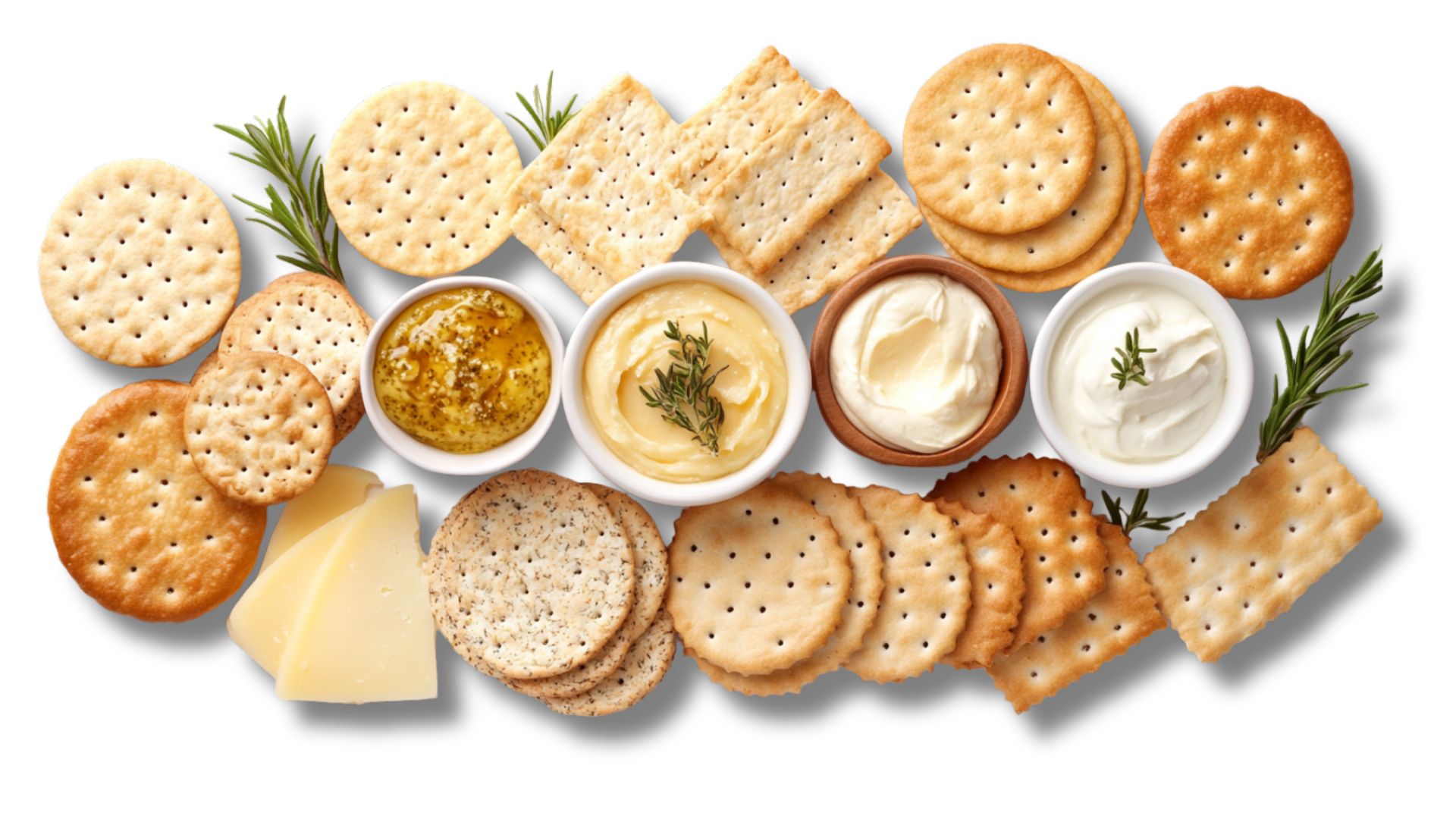 A variety of crackers and dips on a white background.