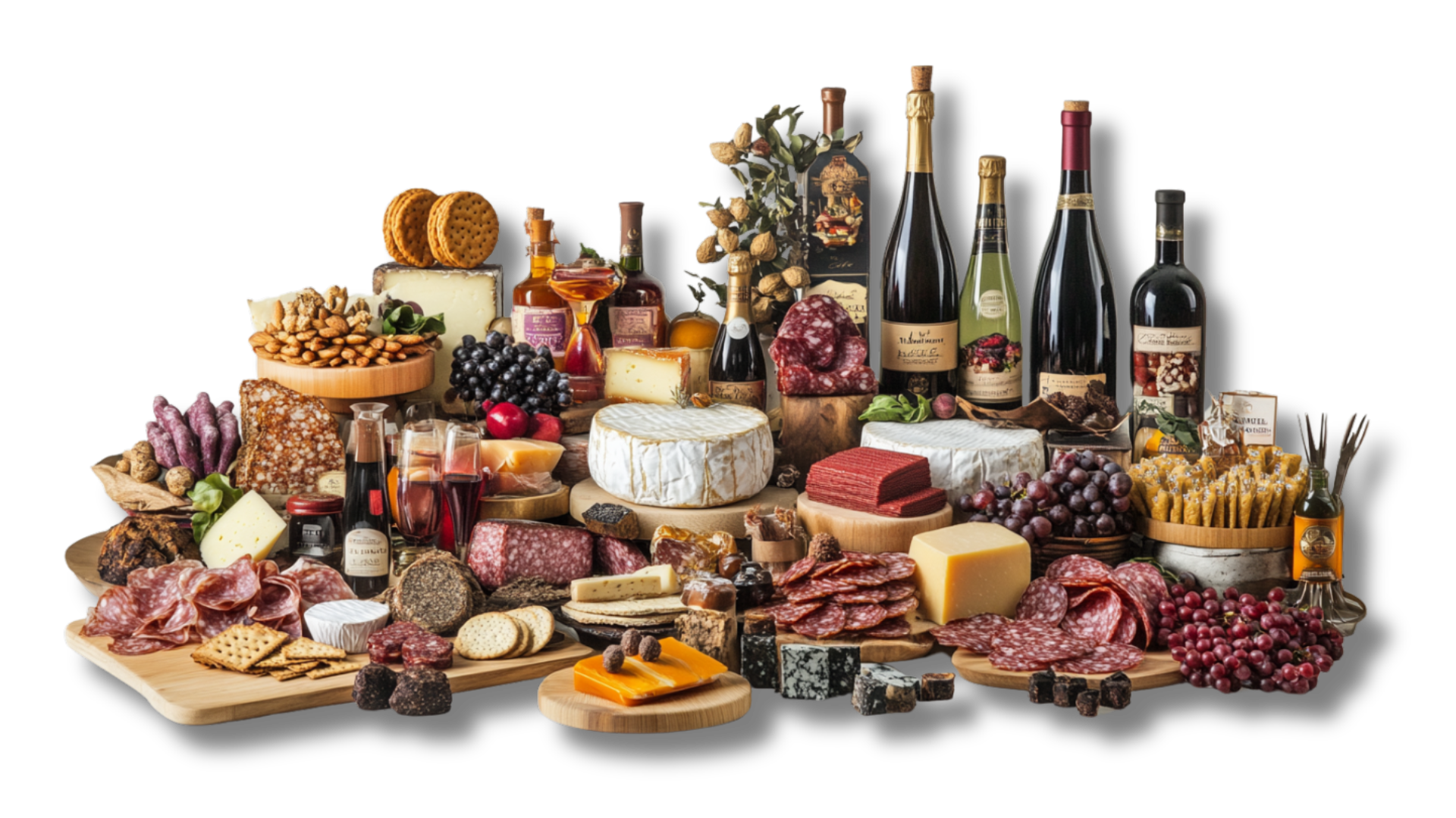 There are many different types of food and wine on the table.