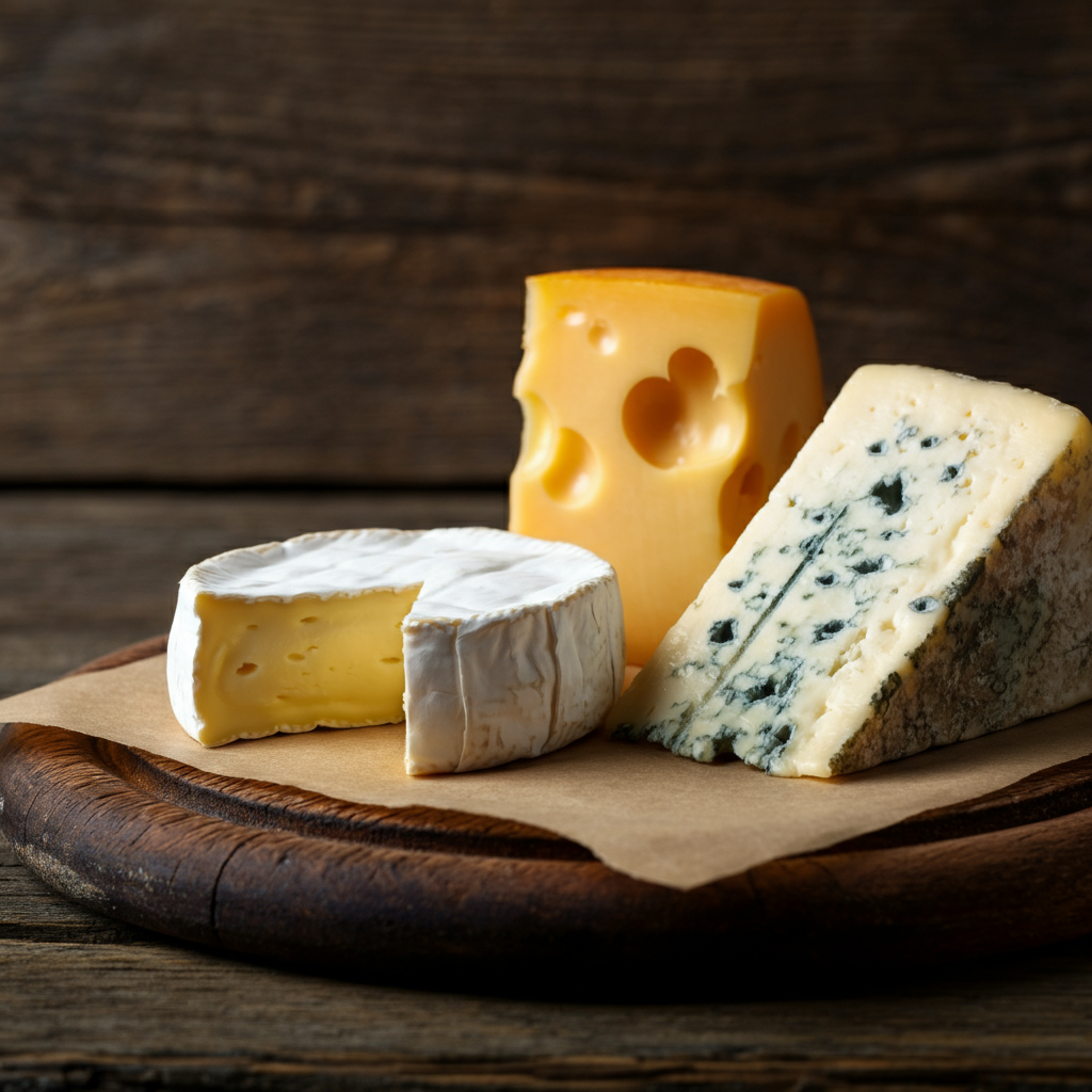 Three different types of cheese are on a wooden cutting board.