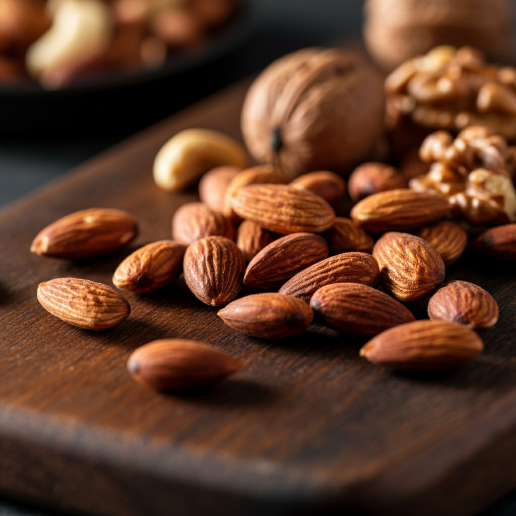 A wooden cutting board topped with almonds and walnuts.