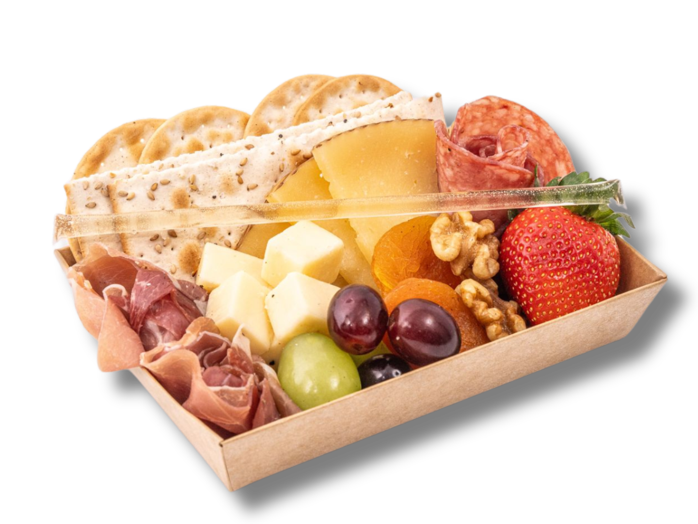 A wooden tray filled with cheese , fruit , nuts and crackers.