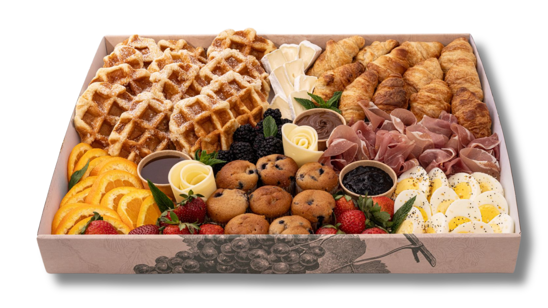 A box filled with a variety of food on a white background.