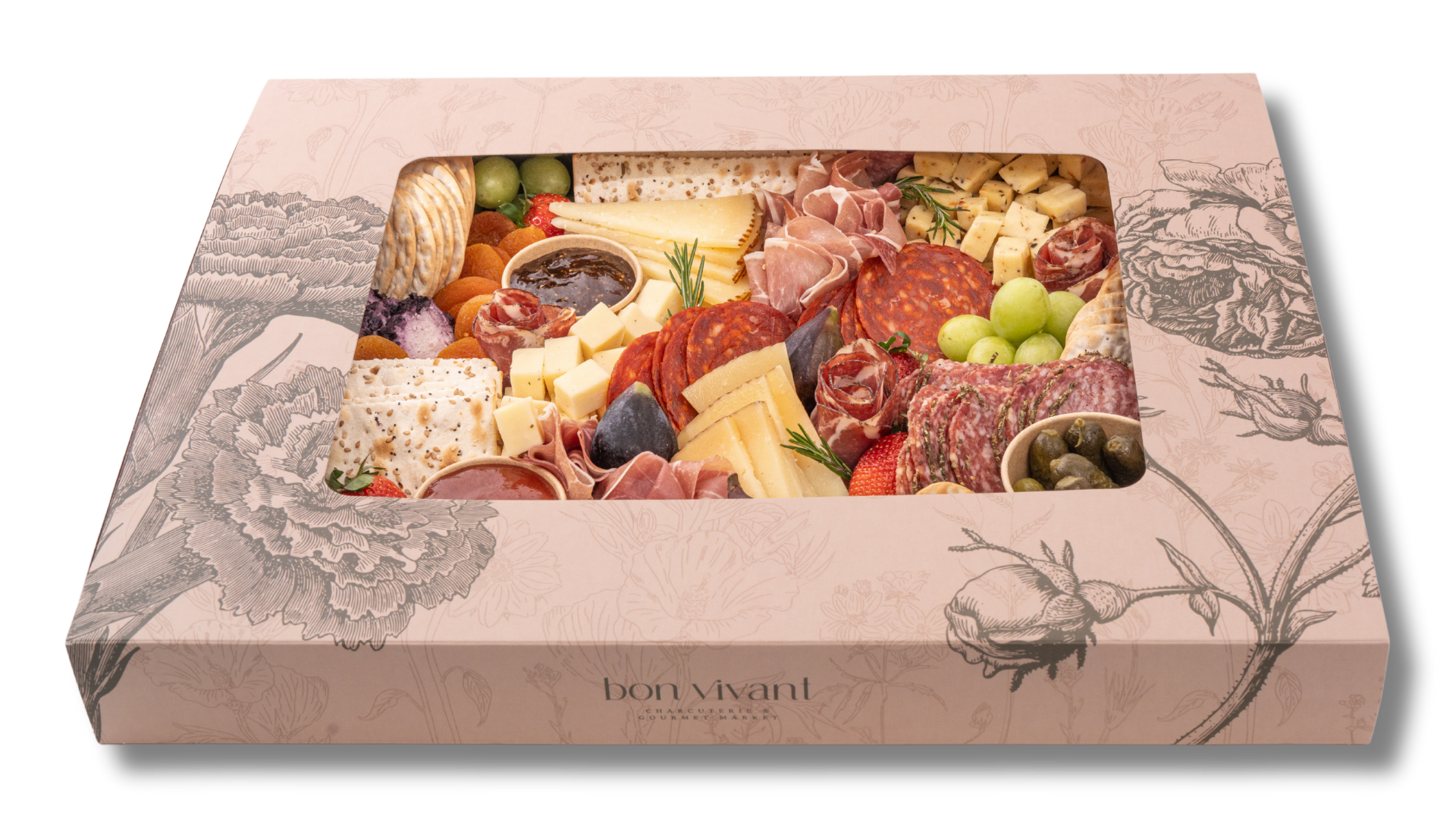 A box filled with a variety of meats and cheeses.