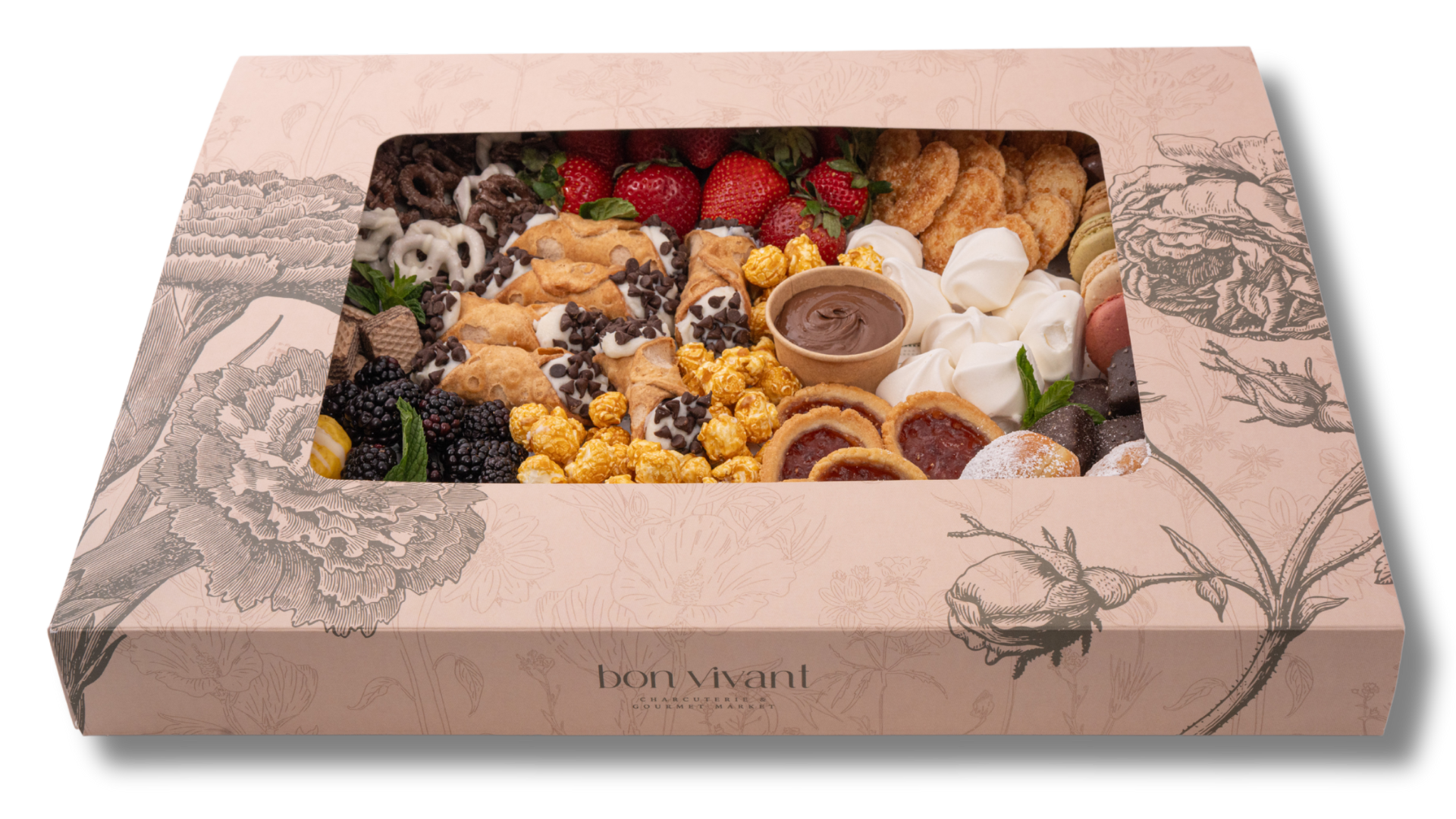 A cardboard box filled with a variety of food.