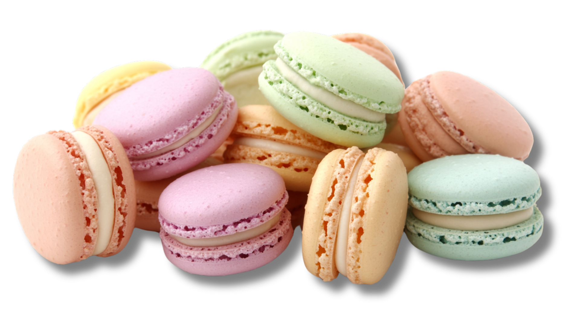 A pile of colorful macarons on a white background