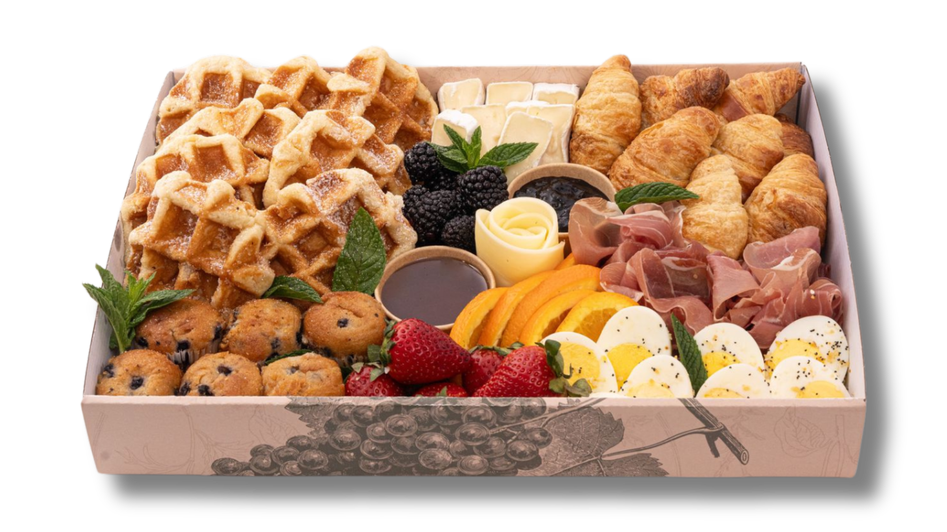 A box filled with a variety of food on a white background.