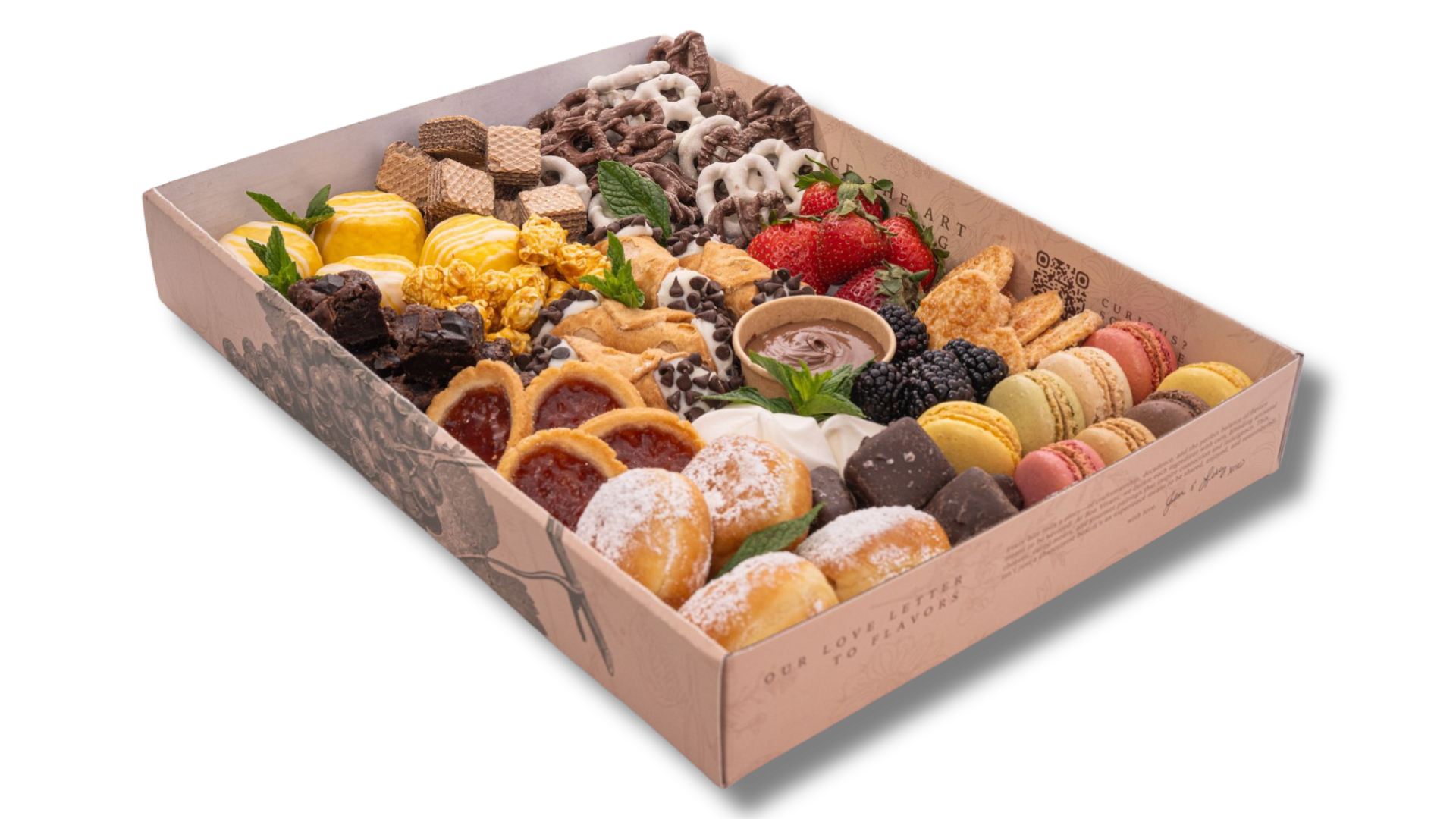 A cardboard box filled with a variety of desserts.