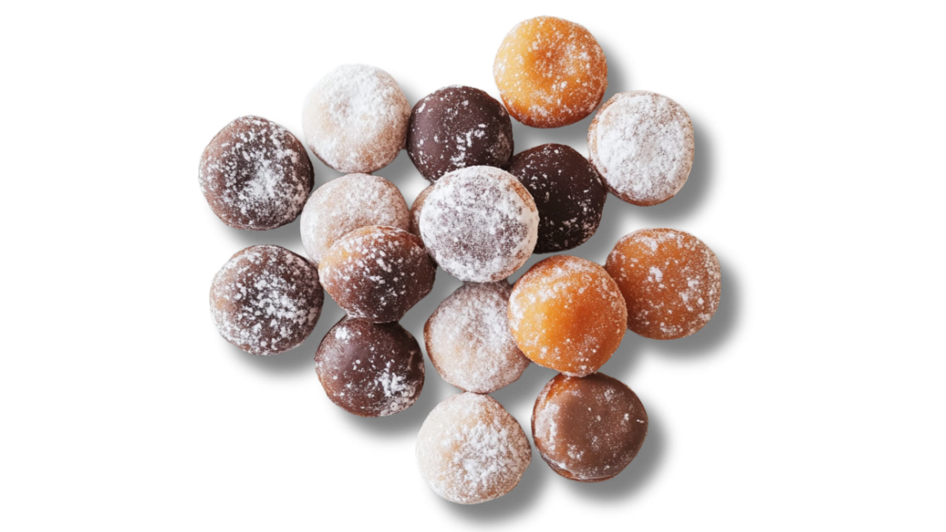 A pile of donuts covered in powdered sugar on a white background