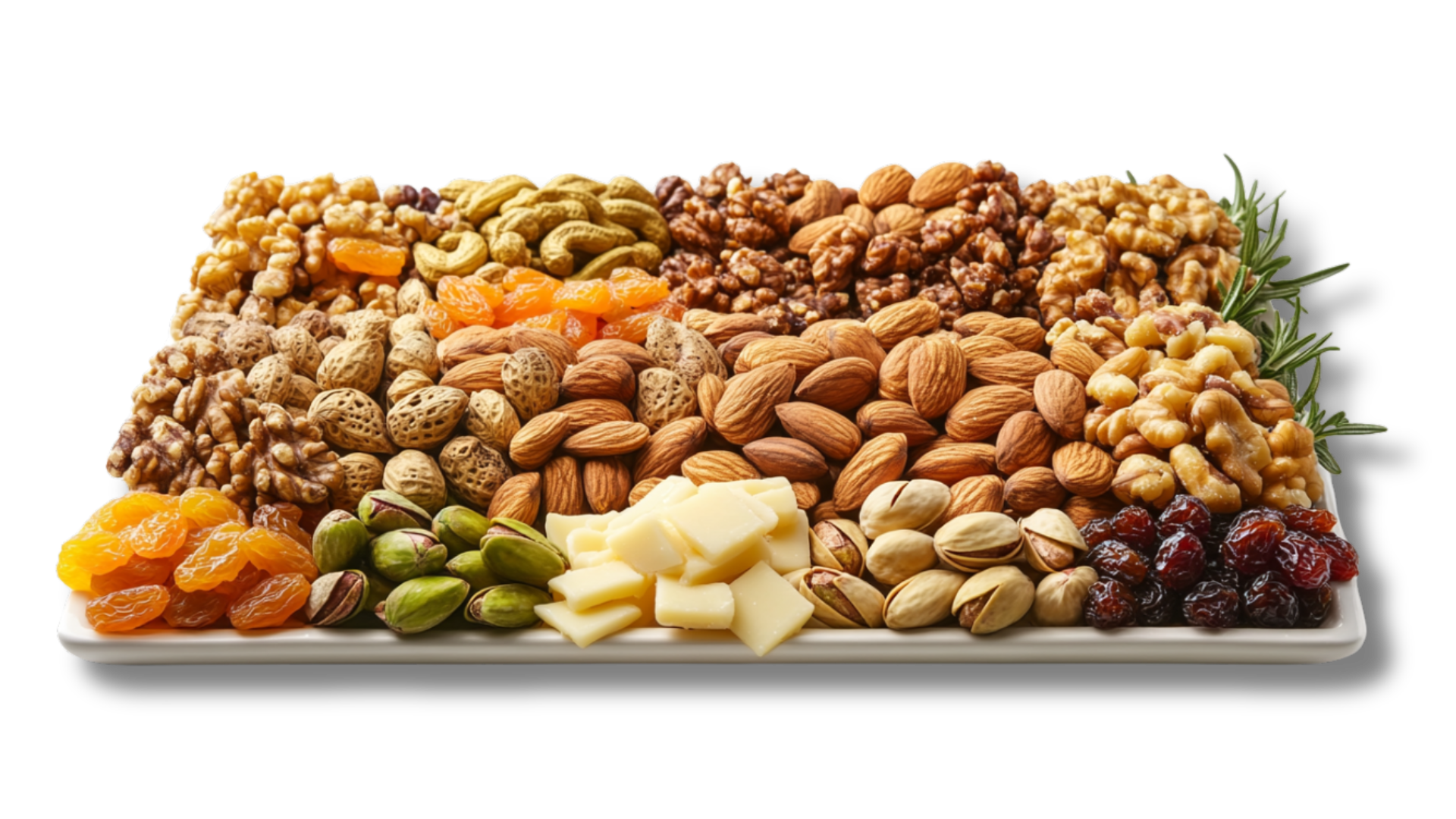 There are many different types of nuts and dried fruits on the plate.