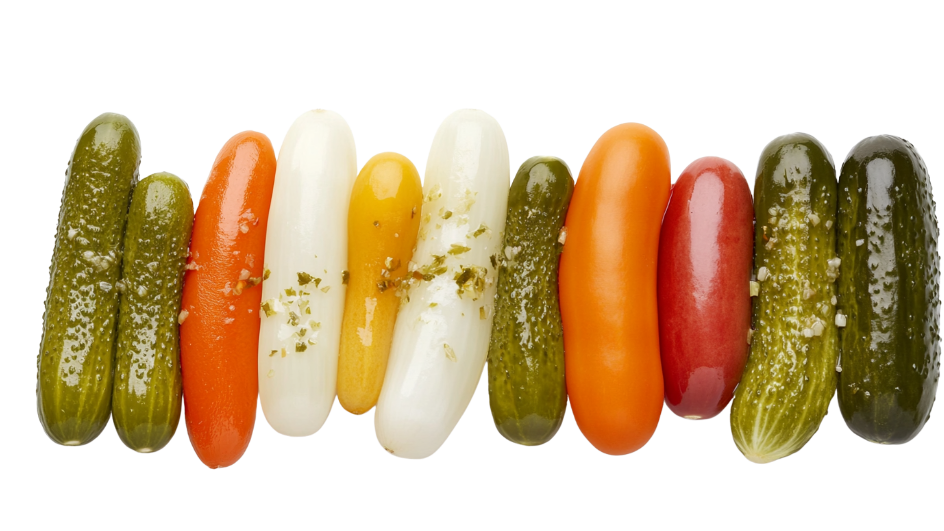 A bunch of pickles are lined up in a row