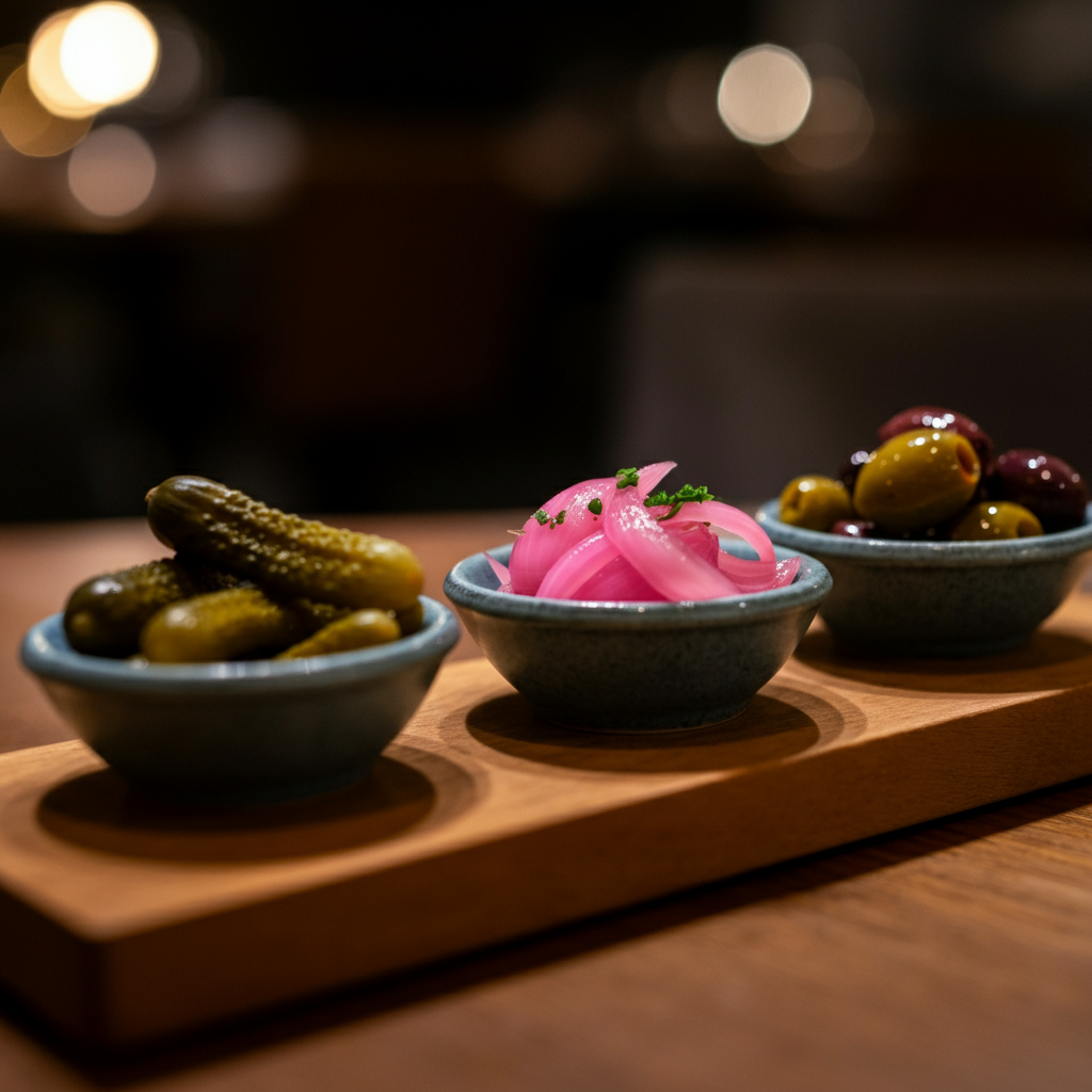 Three bowls of pickles onions and olives on a wooden tray