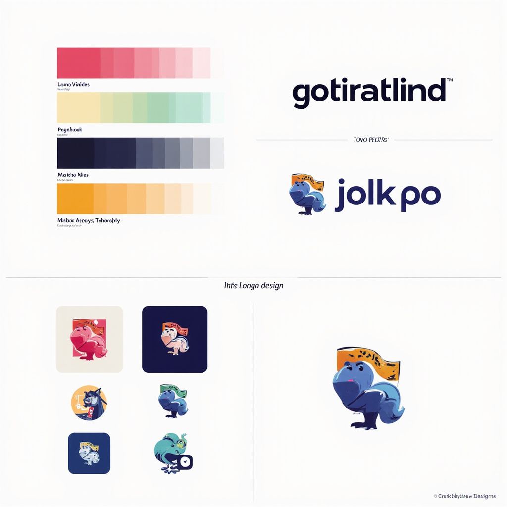 Brand guide with logo, color palette, and character. Blue dino logo with a flag.