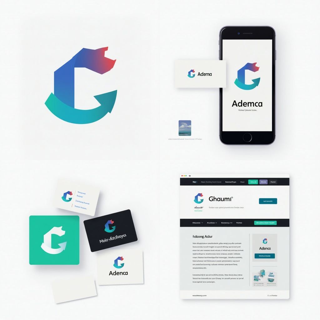 Logo and branding examples with a blue, green, and pink