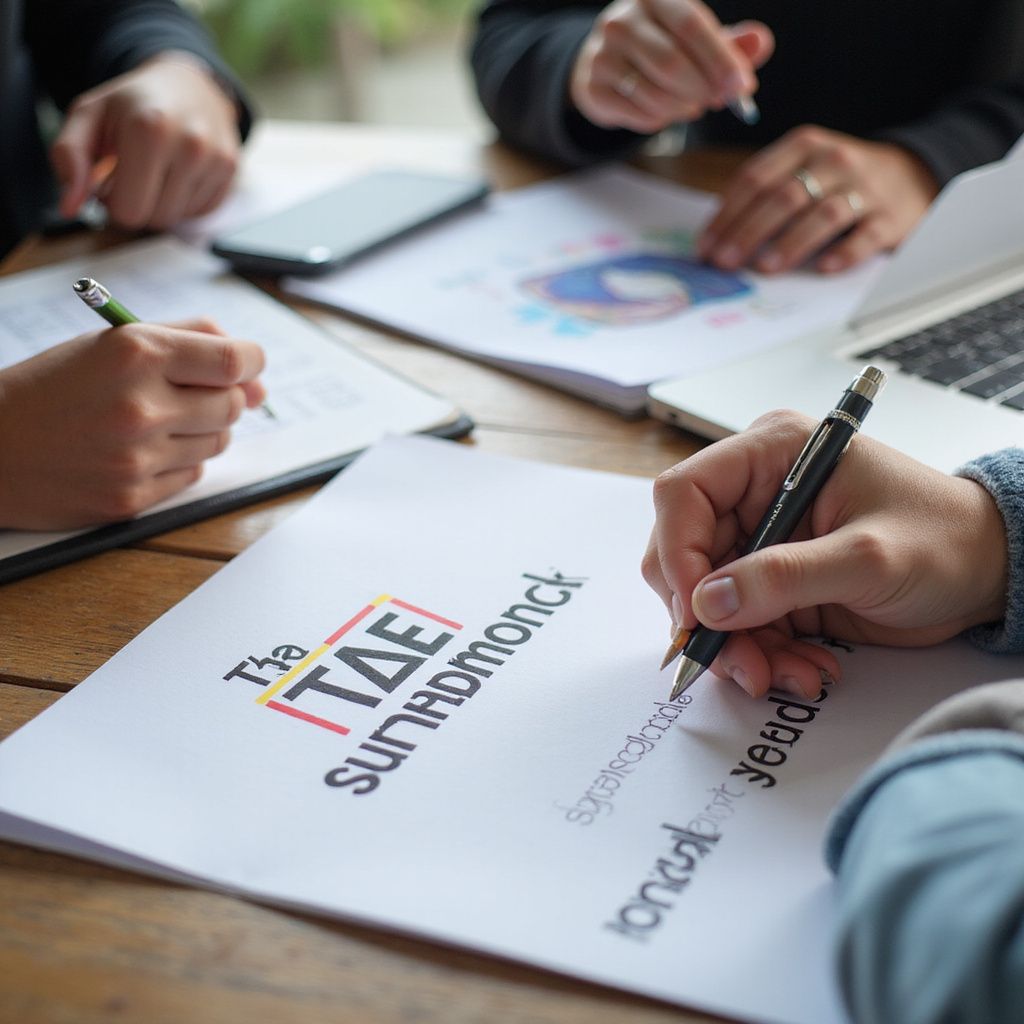 People at a table, collaboratively writing on documents with a logo