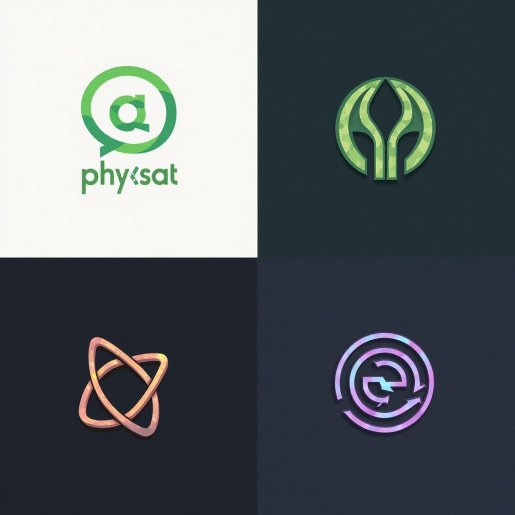 Four abstract logos in shades of green, pink and orange against dark backgrounds.