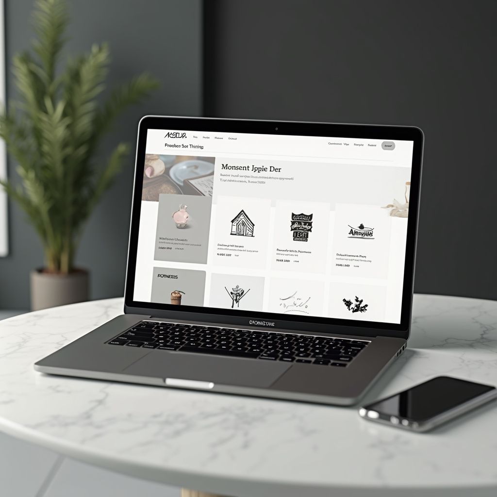 Laptop displaying a website on a marble table with a phone and plant.