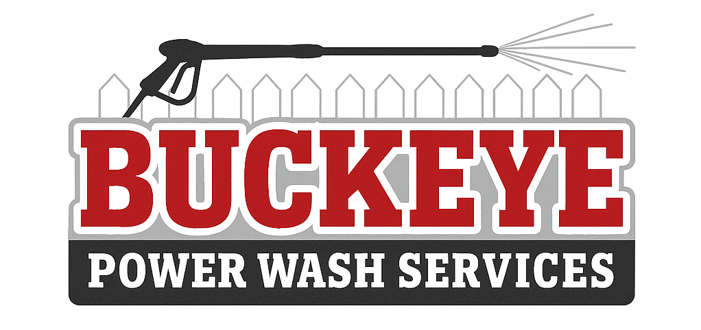 The logo for buckeye power wash services shows a high-pressure washer spraying water on a fence.