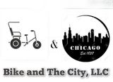 Logo for Bike and The City, LLC, showing a rickshaw icon next to the city skyline, symbolizing their pedicab Chicago tours.