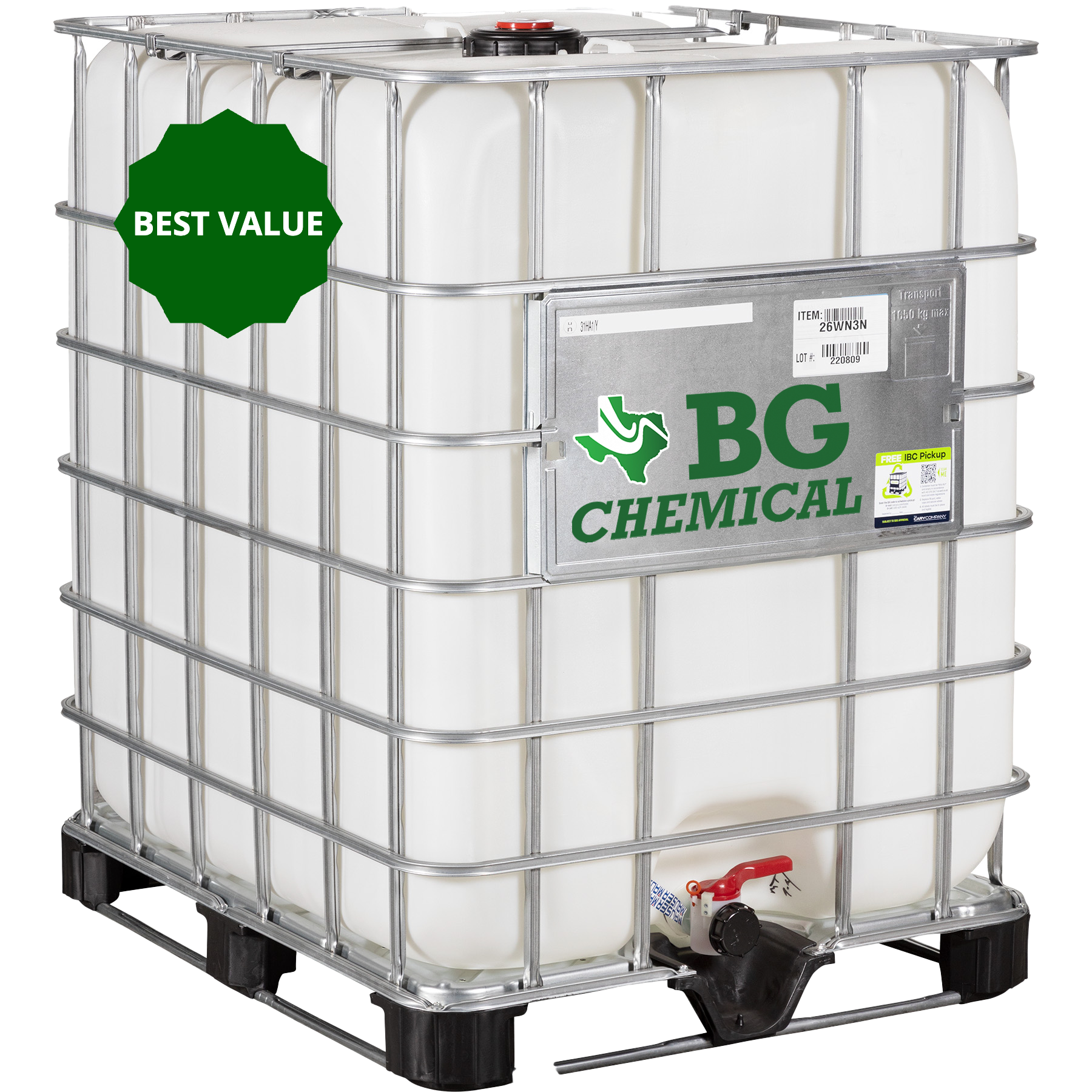 A white bucket with a black label that says bg chemical on it.