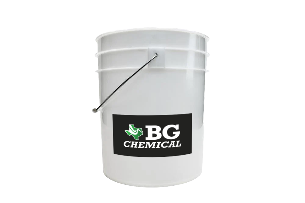 A white bucket with a black label that says bg chemical on it.