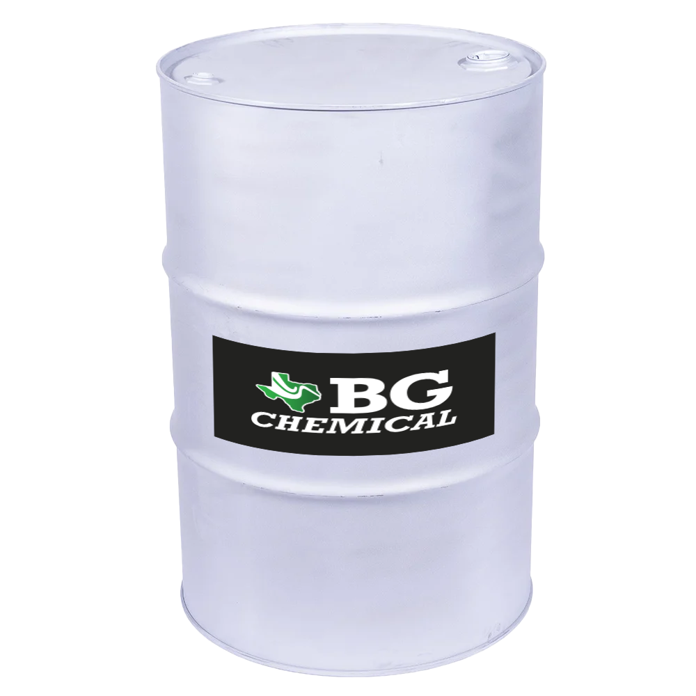 A white barrel with a black label that says bg chemical