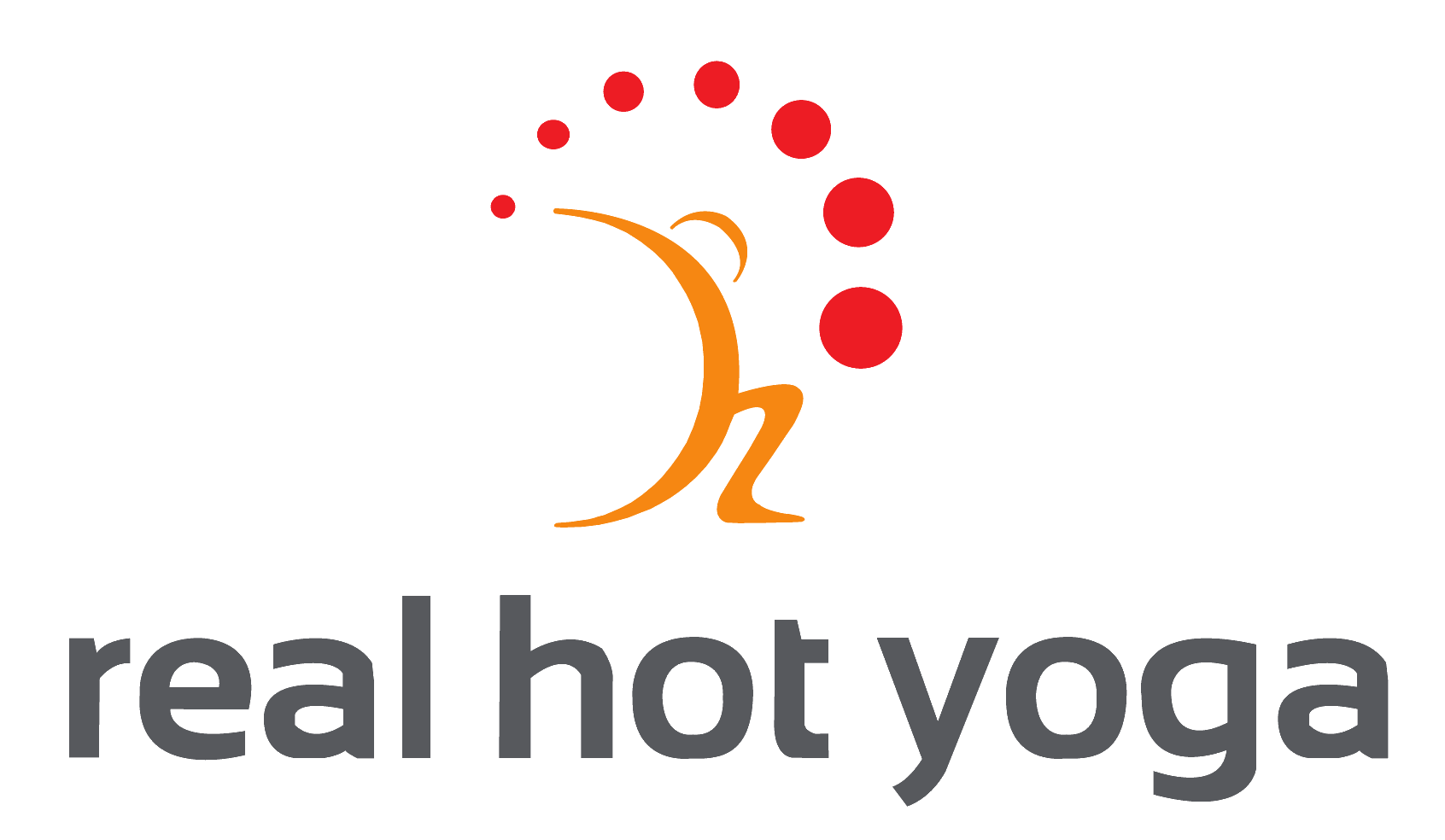 Logo for Real Hot Yoga: Orange figure in a yoga pose below red dots; text 