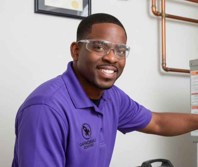Smiling technician in a purple polo and safety glasses working indoors beside copper pipes