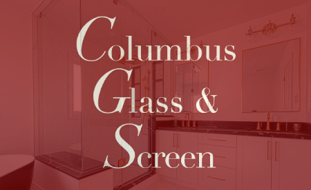 Columbus Glass & Screen text overlay on a red-tinted bathroom image with a shower and vanity.