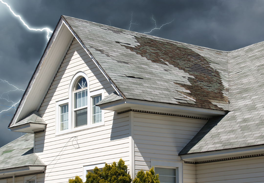 White house with storm-damaged roof against a stormy sky, lightning visible.