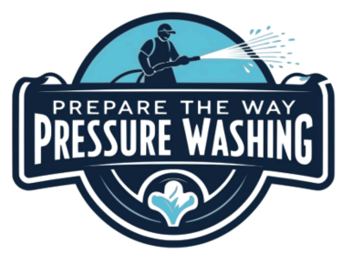 Logo: A person pressure washing; blue and white color scheme,