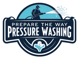 Logo: A person pressure washing; blue and white color scheme, 