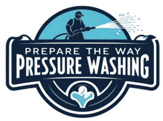 Logo: A person pressure washing; blue and white color scheme,