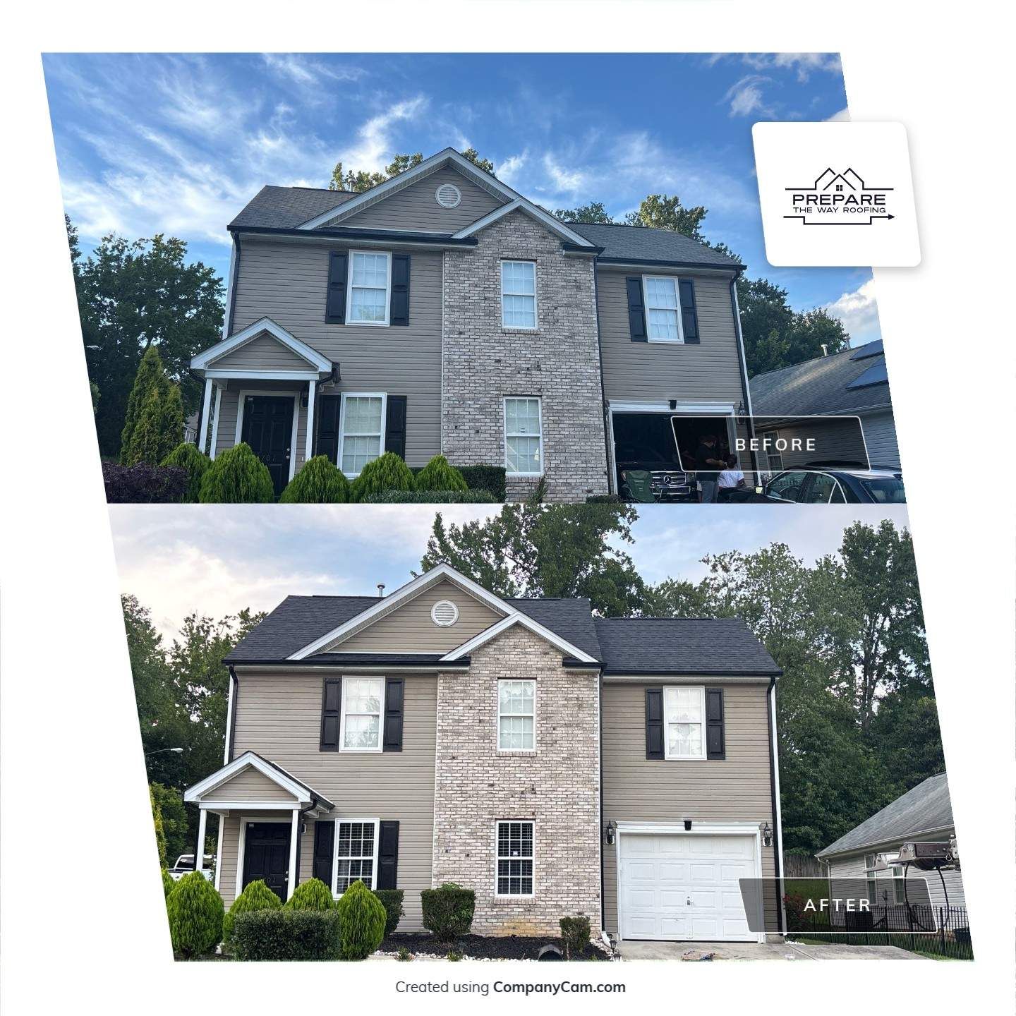 Before and after comparison of a two-story house. The roof and siding were replaced; the “after” version has a dark roof and lighter siding.