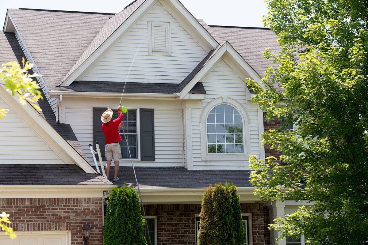 Person on ladder cleaning the side of a two-story white house with a brick facade; a green tree is in the foreground.