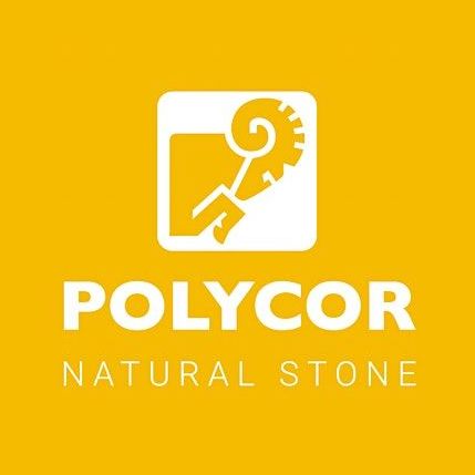 A yellow background with a white logo for polycor natural stone.