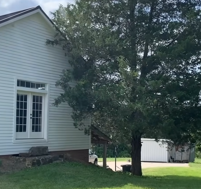 Image of a slender tree very close to a standard white home.