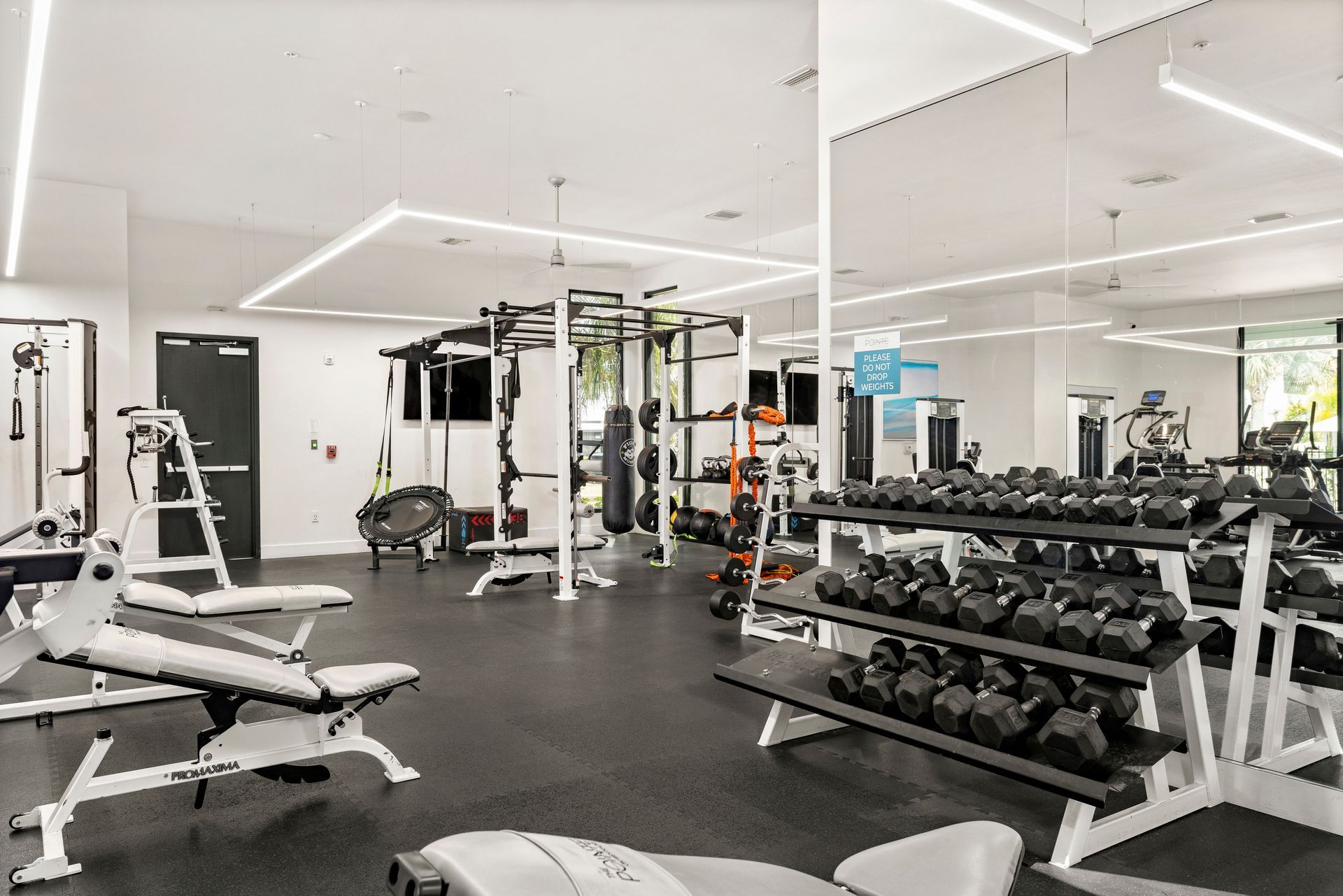 A gym with a lot of dumbbells and a bench.