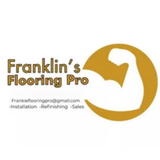 Logo for Franklin's Flooring Pro featuring a flexed arm icon in gold, including email contact and services offered.